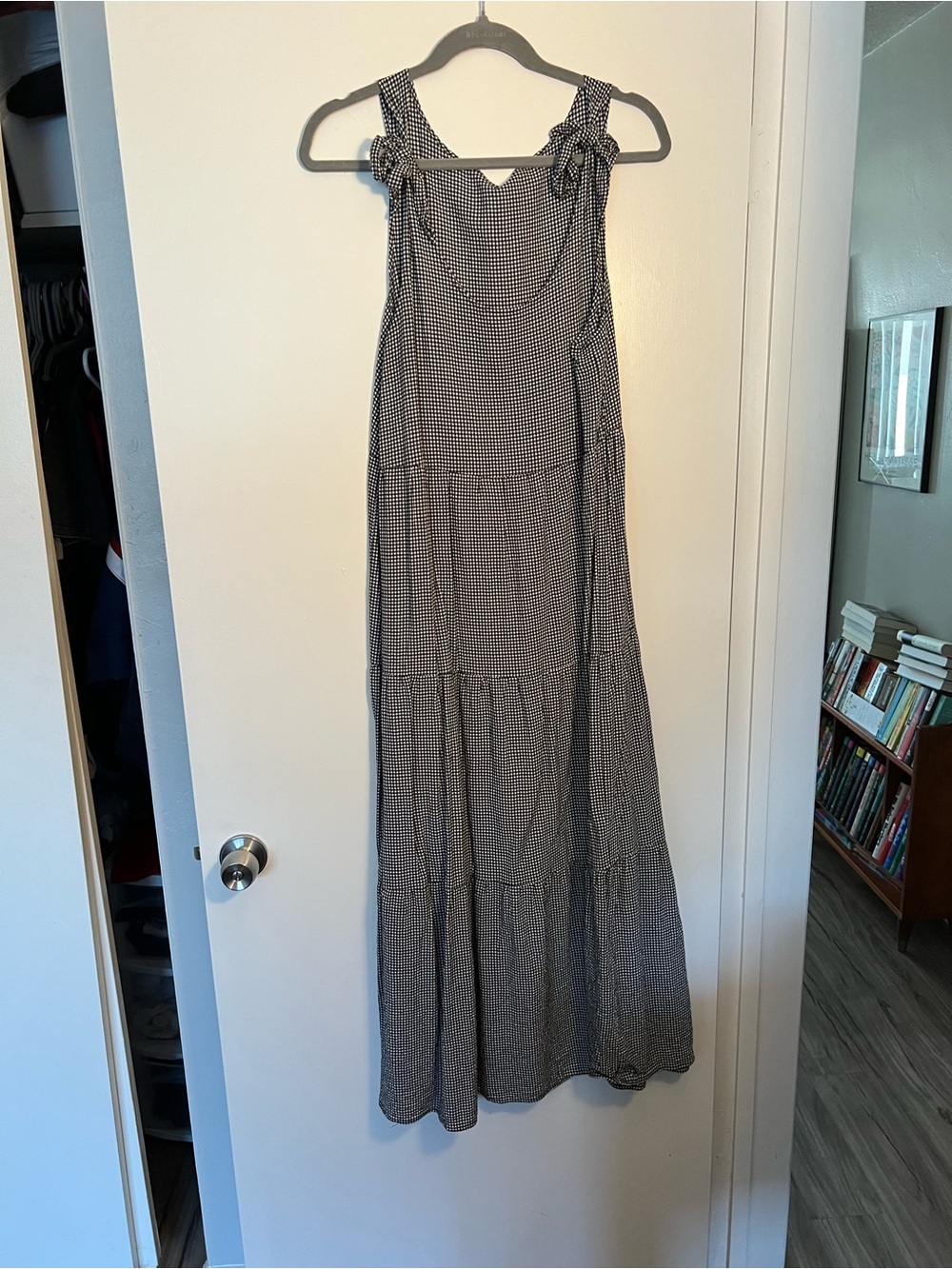 Whimsy + Row Black and White Gingham Tie-Shoulder Maxi Dress